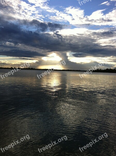 Sunset Water River Nature Clouds