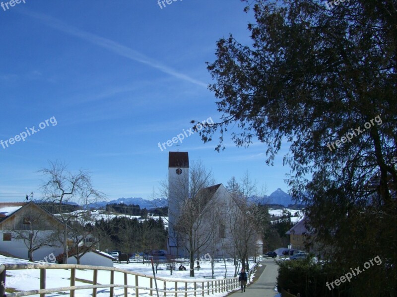 Church Winter Snow Mountains Sky