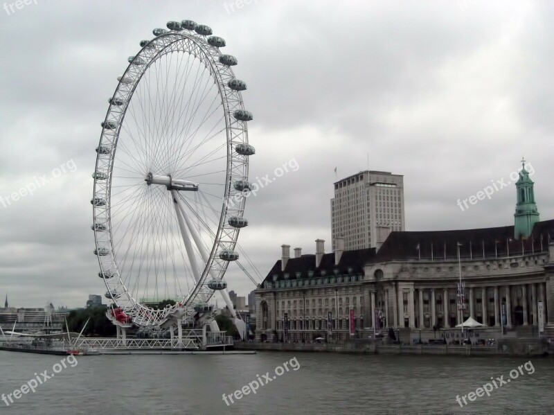 London Eye Ferris Wheel Buildings River Cloudy