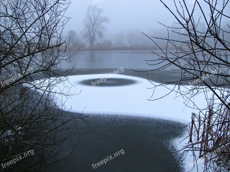 Pond Winter Ice Icy Fog