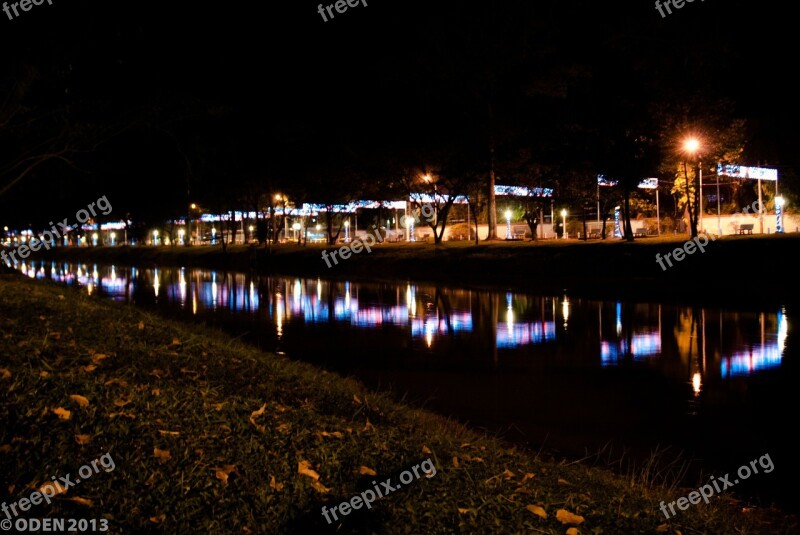 River Night Colorful Lights River Side