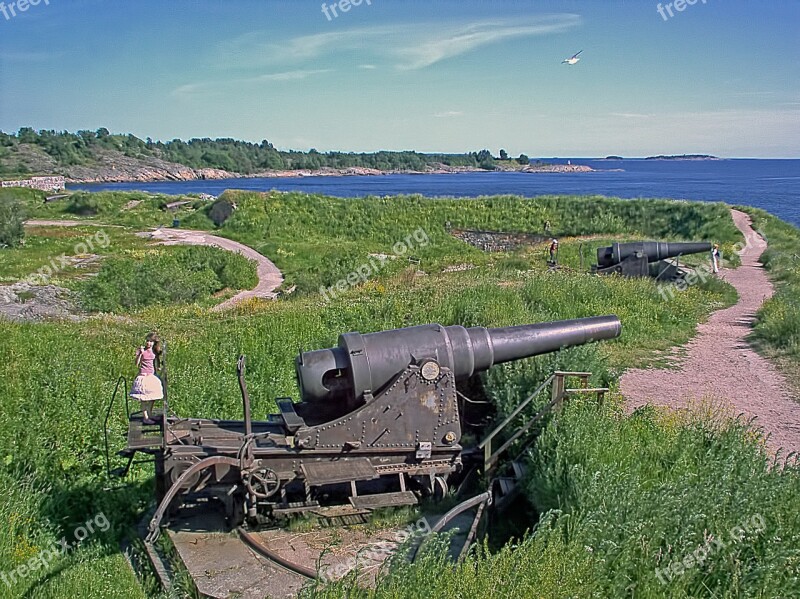 Old Guns Embankments Sea Sky