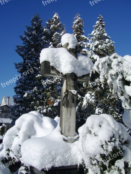 Stone Cross Grave Tomb Snow Cover Sky Blue