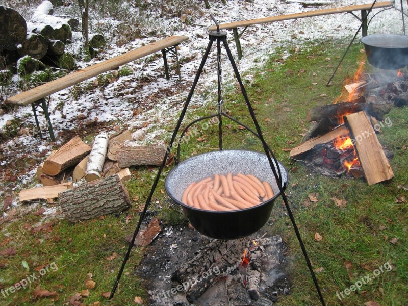 Sausage Boiler Fireplace Outdoor Nature Camping