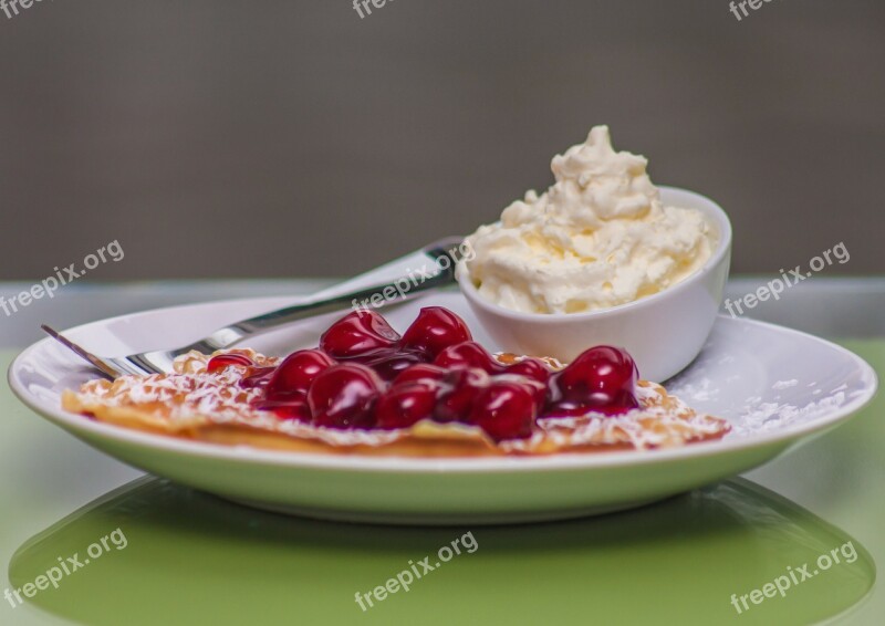 Waffle Sweet Cherries Cream Free Photos