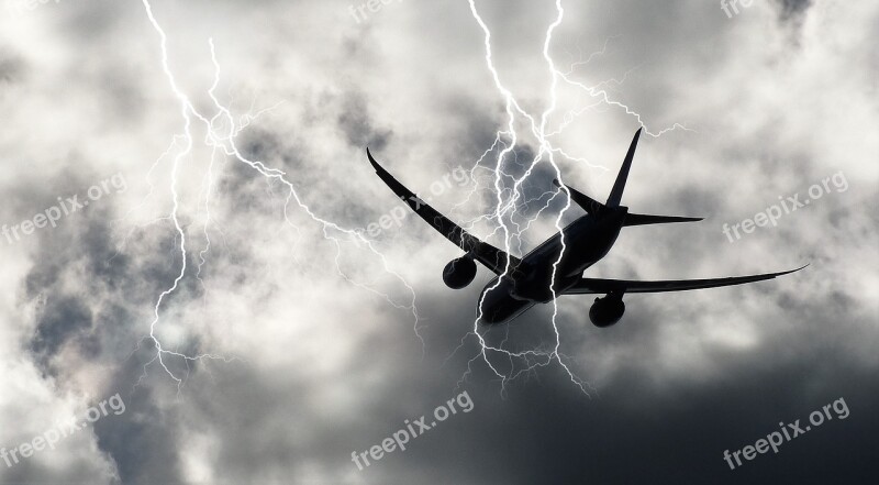 Storm Lightning Aircraft Sky Clouds