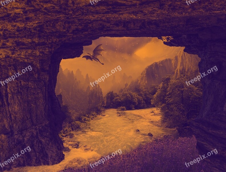 Fantasy Landscape Nature Cave Dragon