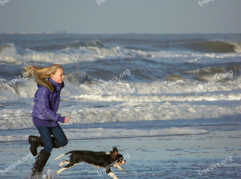 Girl Dog Sea Beach Zandvoort