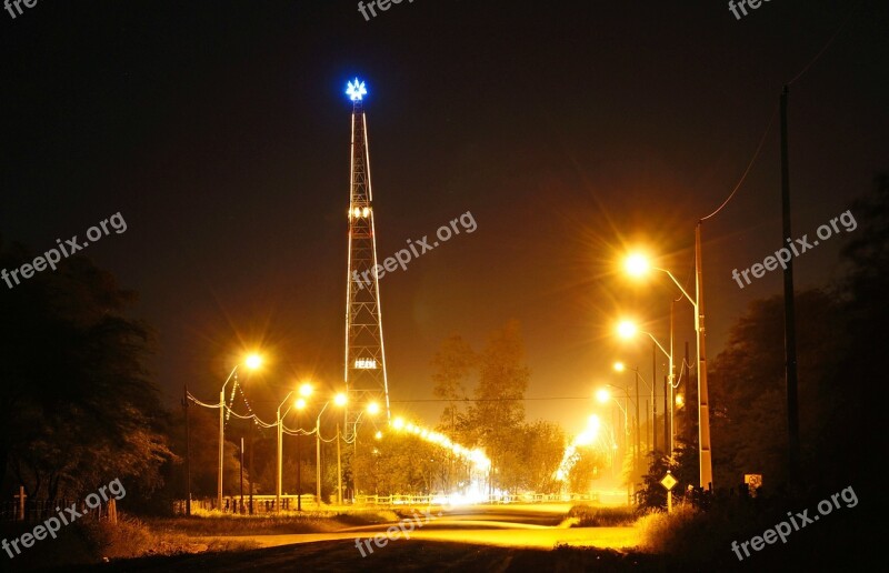 Transmission Tower City Lights Night Long Exposure