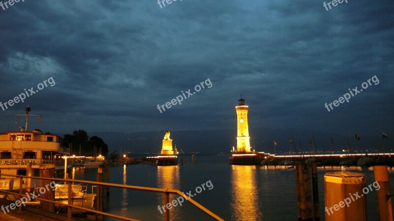 Lindau Port Lighthouse Night Illuminated