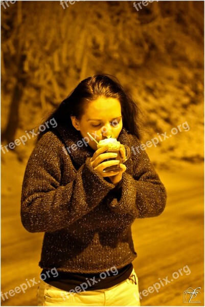 Woman Drinking Coffee Girl Cold Night