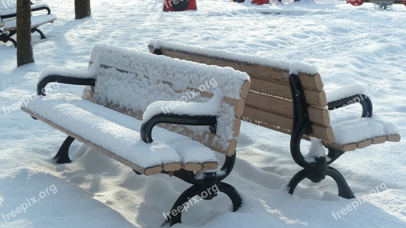 Park Benches Snow Covered Outside Winter