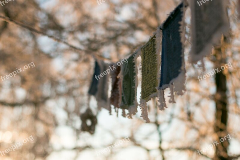 Tibetan Prayer Flags Winter Frozen Morning Sunrise