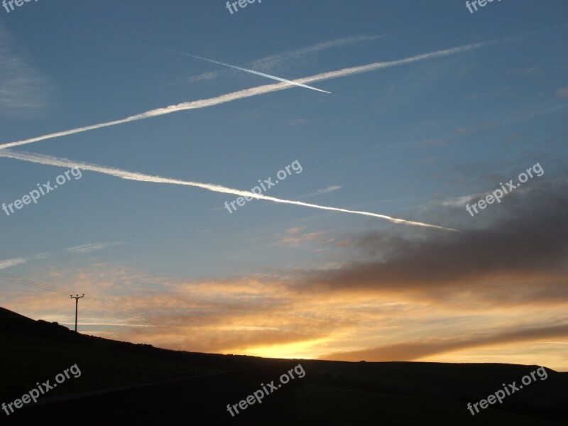 Sunset Contrails Condensation Trails Skies Dusk