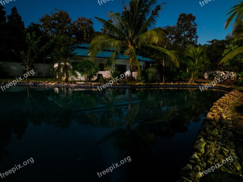 Full Moon Night House Pond Night Photograph Free Photos