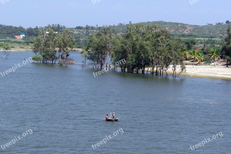 Coracle Fishing Dragnet Krishna River Backwaters