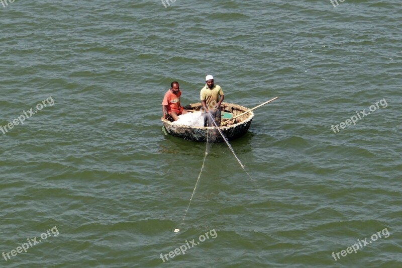 Coracle Fishing Dragnet Krishna River Backwaters