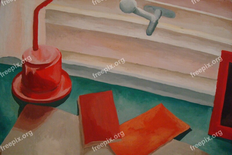 Painting Art Still Life Red Desk