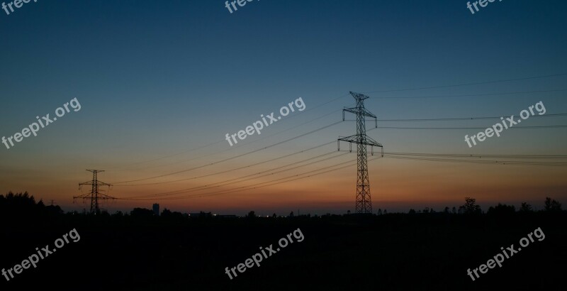 Landscape Sunset Electric Poles Blue Sky Silhouettes