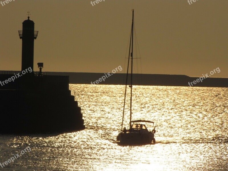 Boat Sailboat Harbor Lighthouse Sunset