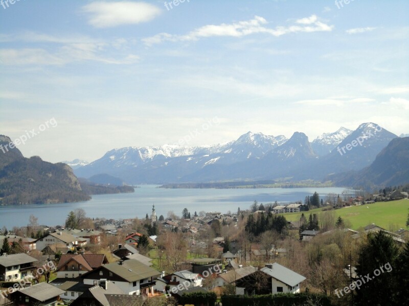 Austria Lake Wolfgang Mountains Sky Clouds