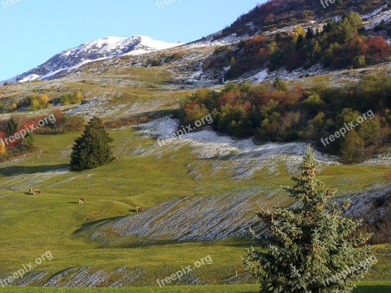 Autumn Mountains Snow Switzerland Landscape