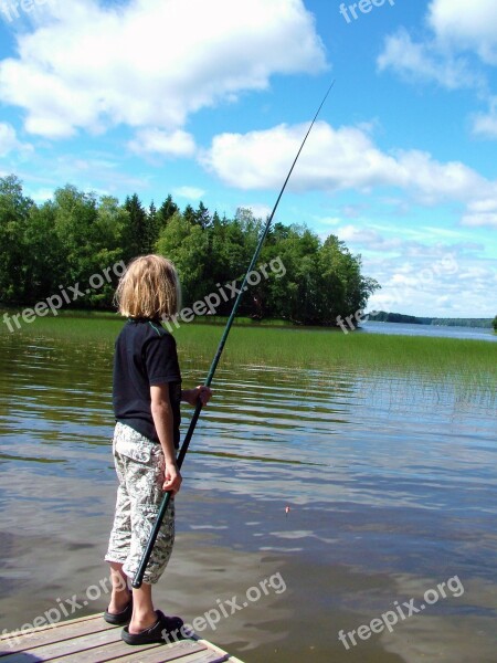 Child Fish Hook And Line Pier Water