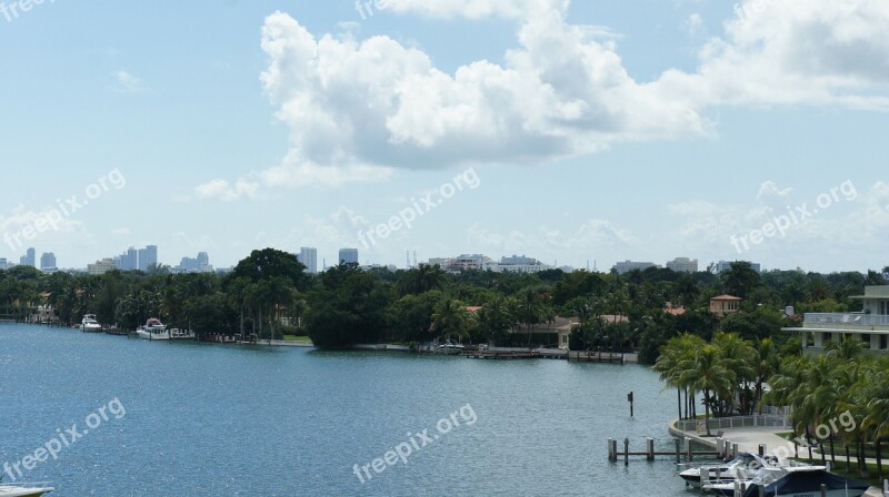 Miami Beach Palm Trees Water Skyscrapers Free Photos