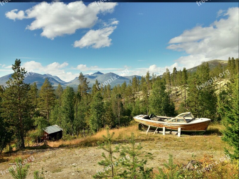 Boat Mountains Forest Norway Summer