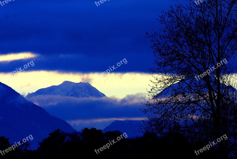 Dawn Mountain Clouds Landscape Blue