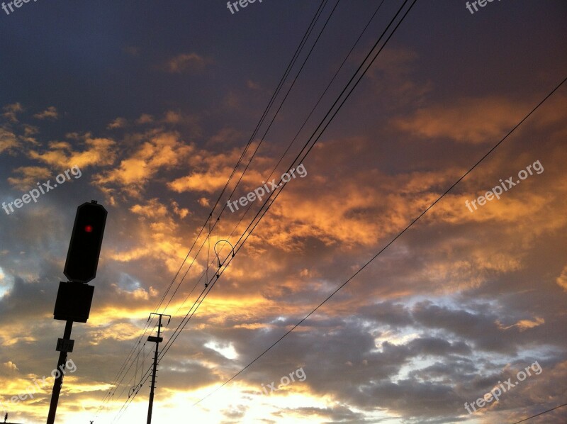 Railway Signal Evening Clouds Sky