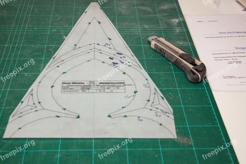 Template Cut Out Pattern Cut Contours Green Triangles Transferred To The Surface Of The Stone