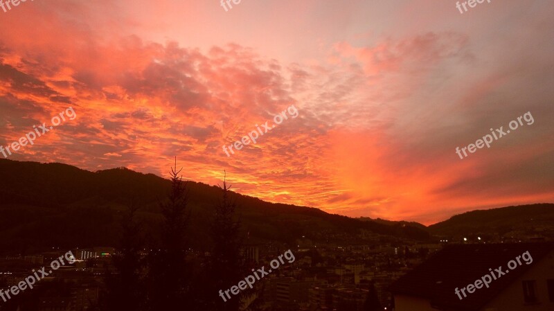 Sunset Sky Clouds Red Glow