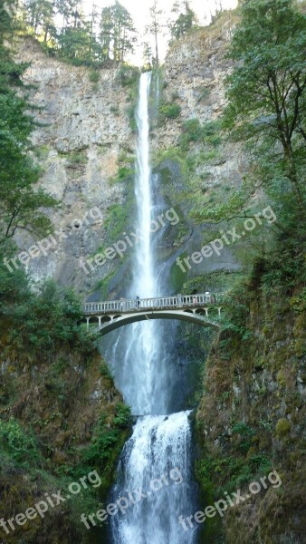 Multnomah Falls Stone Bridge Landscape Nature