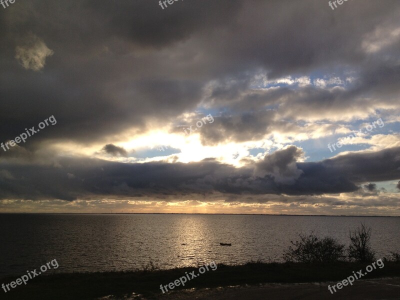 Autumn Beach Dark Sky Clouds Sea