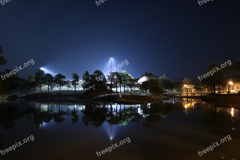 Reflection Night Photography Lake Light Pole Football Field