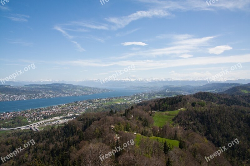 Lake Zurich Seen From Uetliberg Out Switzerland Alpine Snowy