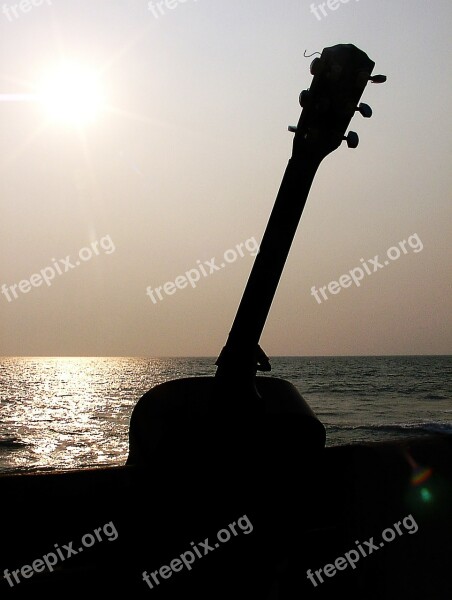 Guitar Sun Set Guitar On Bench Bench Afternoon