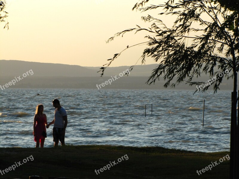 Lake Balaton Water Couple In Love Lovers Afterglow