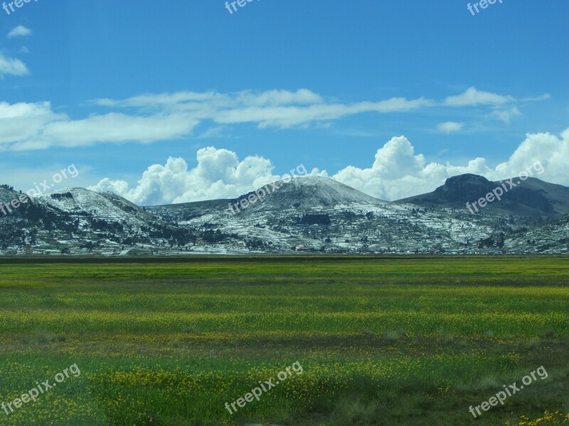 Peru Lake Titicaca Snow Mountains Landscape