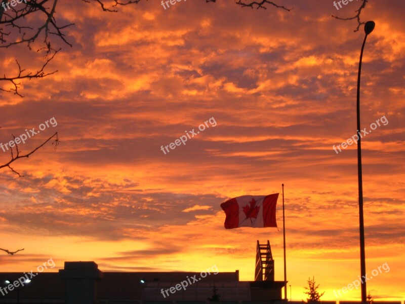 Canada Flag Sunset Sky Landscapes