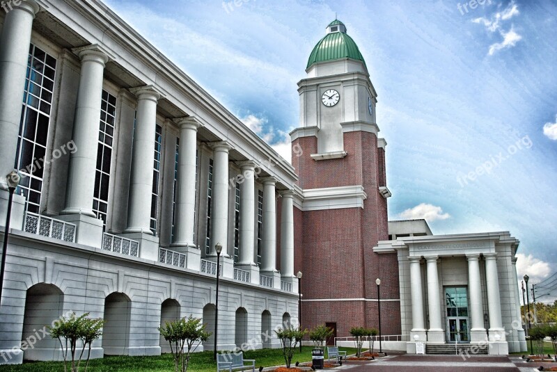 Courthouse Building Clock Tower Sky Clouds