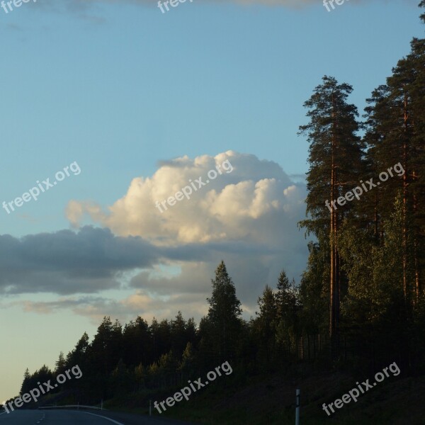 Finnish On The Road Twilight Cumulus Clouds Trees