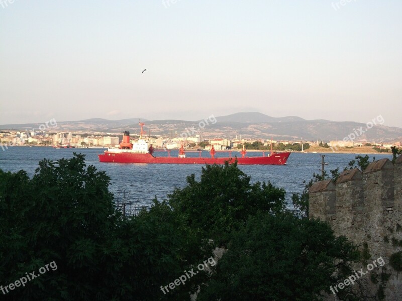 Canakkale Strait Landscape Red Ship