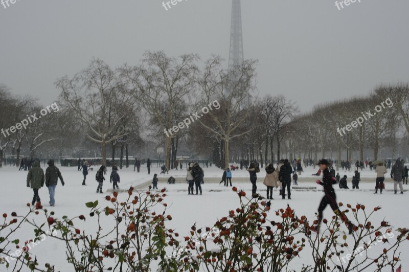 Snow Paris Champs De Mars Eiffel Tower Winter