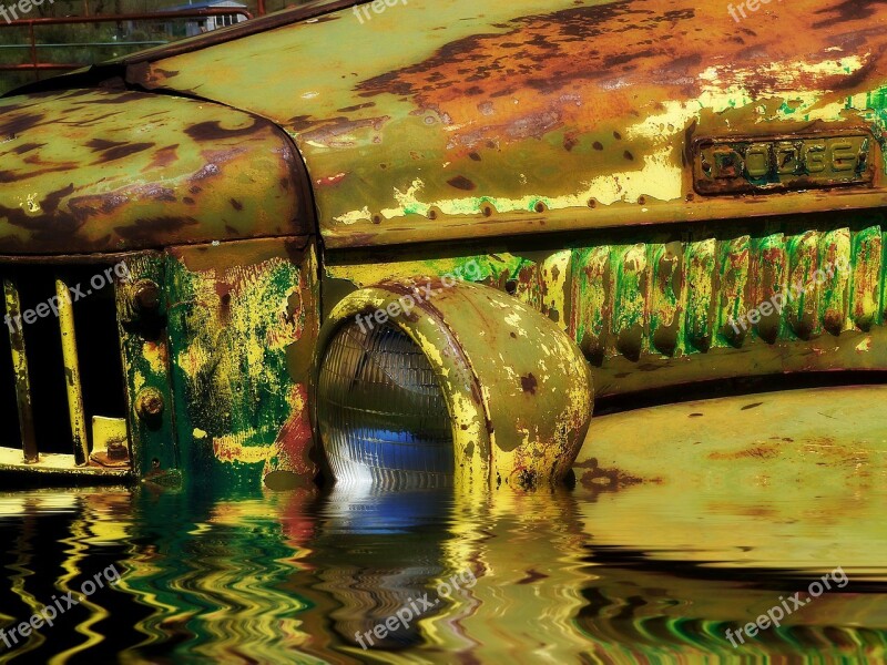 Flooded Old Rusty Car Truck Vehicle Old Timer