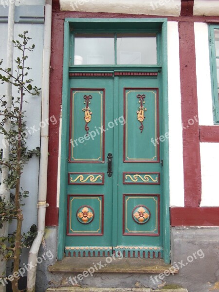 Old Door Panels Painted Decorated Floral Ornaments Ribbon Ornaments