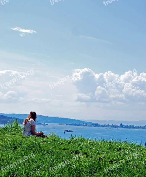 Loneliness Girl Clouds Sea Horizon