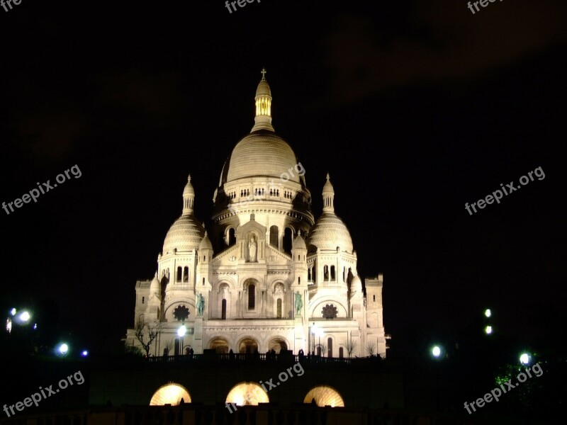 Paris France Night Evening Basilique Du Sacre Coeur