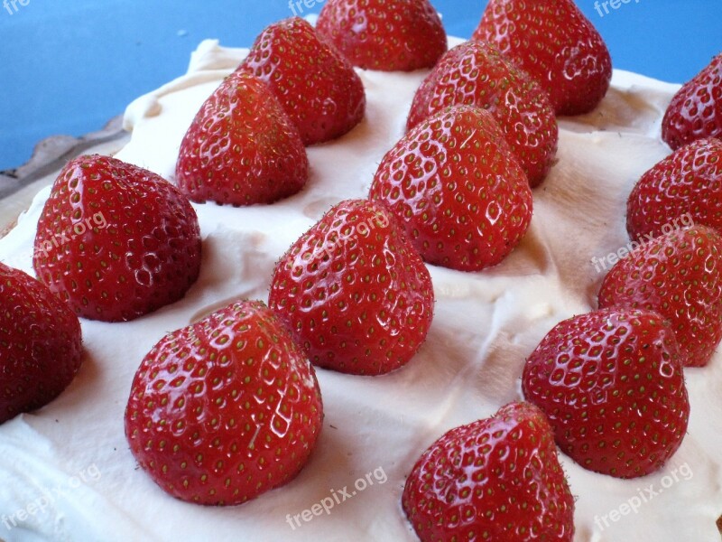 Cake Strawberries Cream Summer Time Fruit